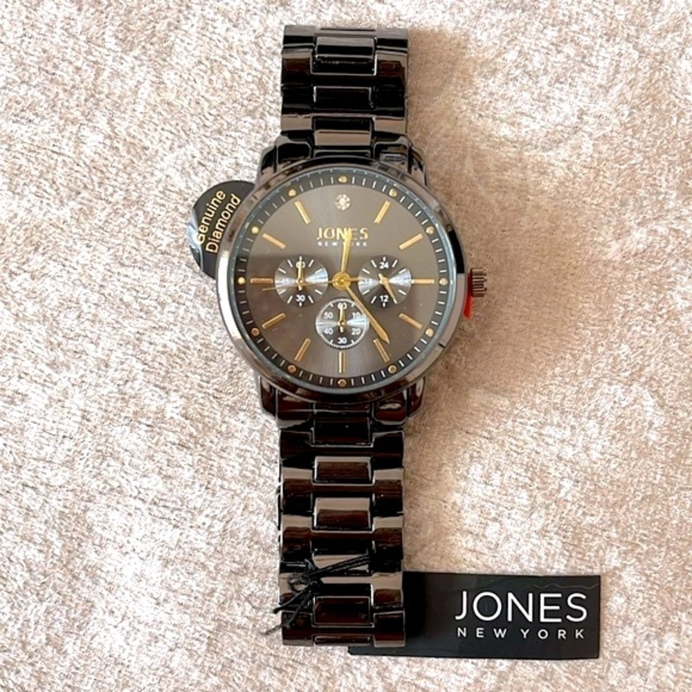 Brand New Jones New York Quartz Black Metal Analog Watch Genuine Diamond Accent